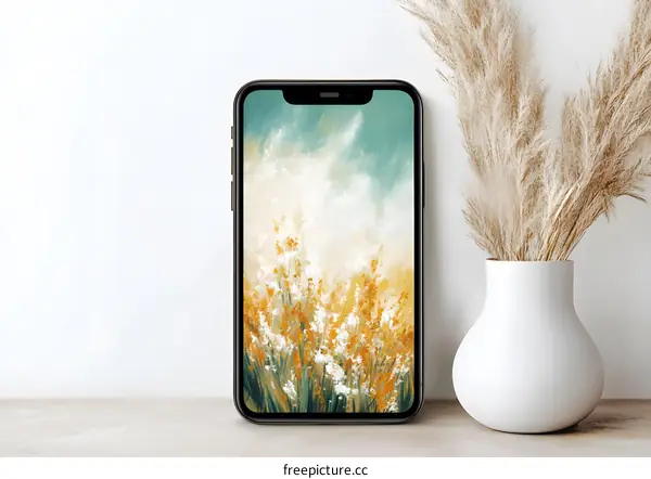 Phone Mockup With A  Field Of Wildflowers In Watercolor Style
