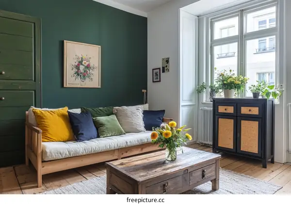 Cozy Living Room with Greenery and Flowers