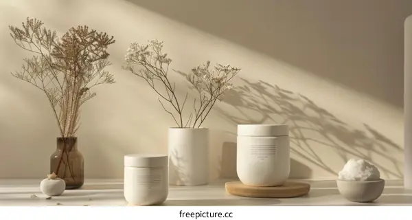 Dried plants and flowers in ceramic containers on a shelf against a beige background