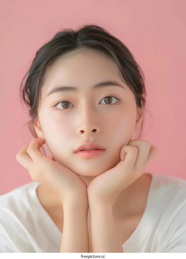 Portrait of a Young Asian Woman with a Soft Pink Background
