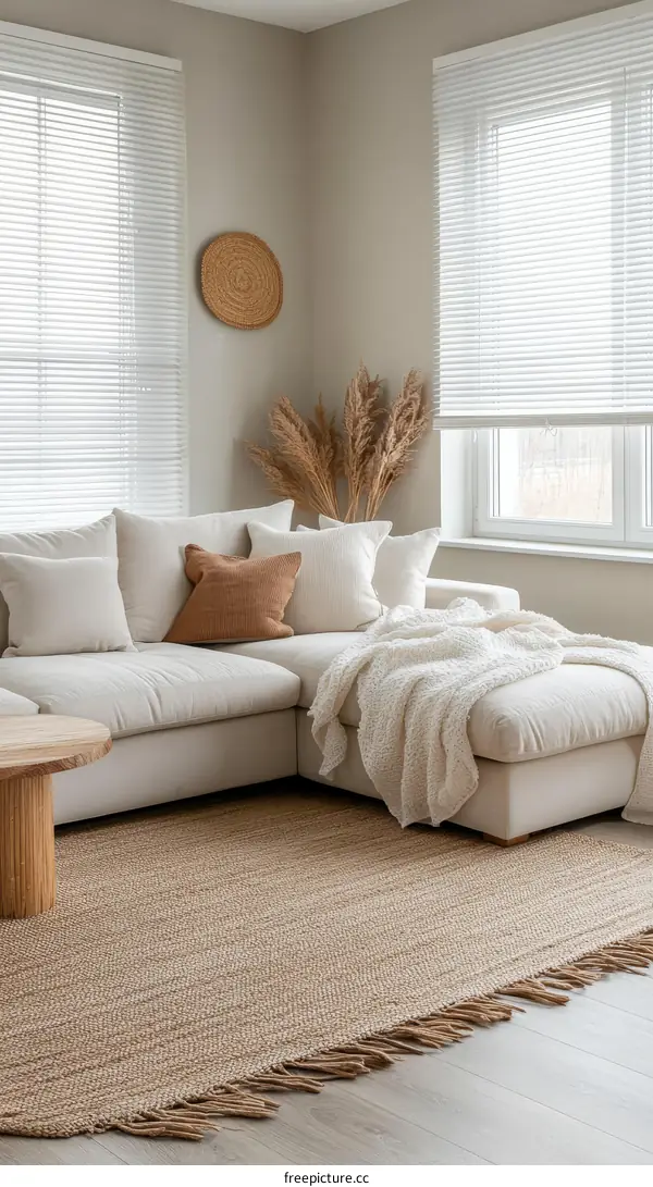 Modern Beige Living Room Interior Design with Jute Rug