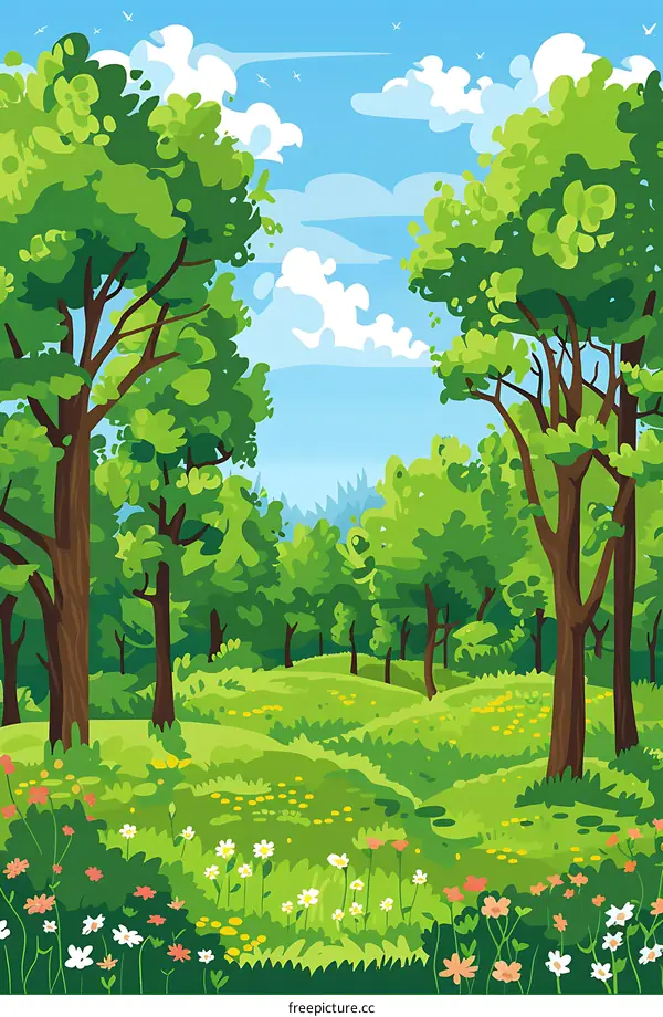 Green Forest Landscape with Blue Sky and Clouds