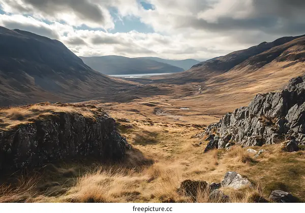 Aerial View of Mountains and Valley with Grass and Rocks