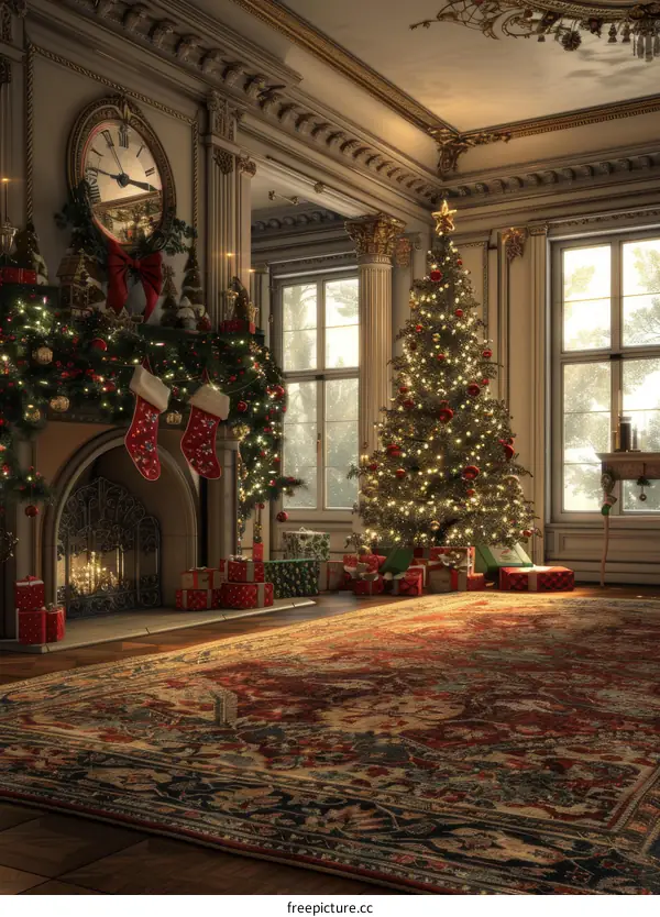 Christmas Tree with Decorated Gifts by the Fireplace