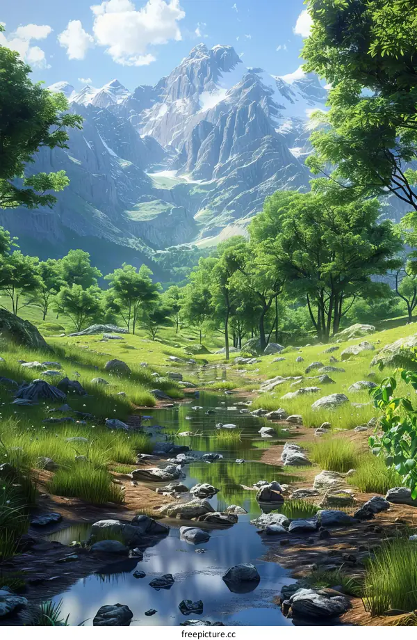 Mountain Stream Flows Through Lush Valley