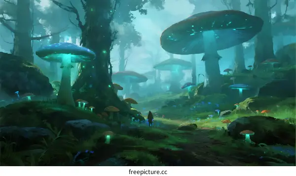 Enchanted Forest with Glowing Mushrooms and Mysterious Path
