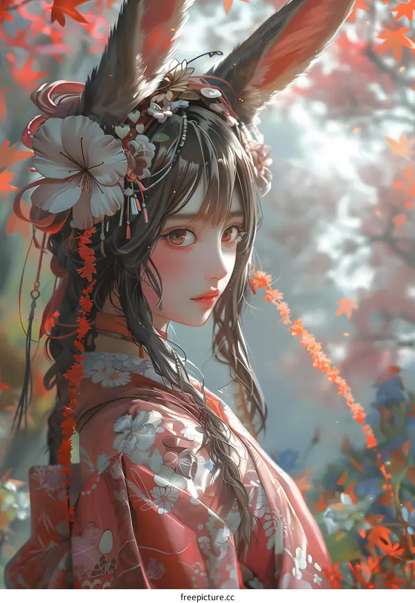 A beautiful illustration of a young woman in a kimono with rabbit ears and a flower in her hair