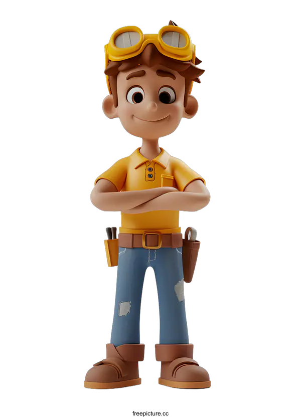 [Transparent Background PNG]Smiling Cartoon Boy Mechanic with Folded Arms