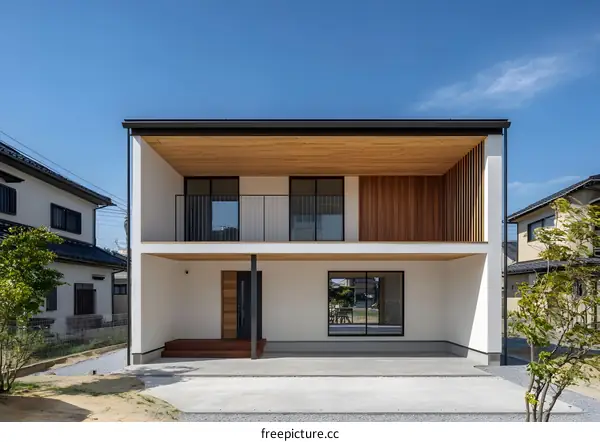 Modern Two Story House with Balcony and Wooden Ceiling