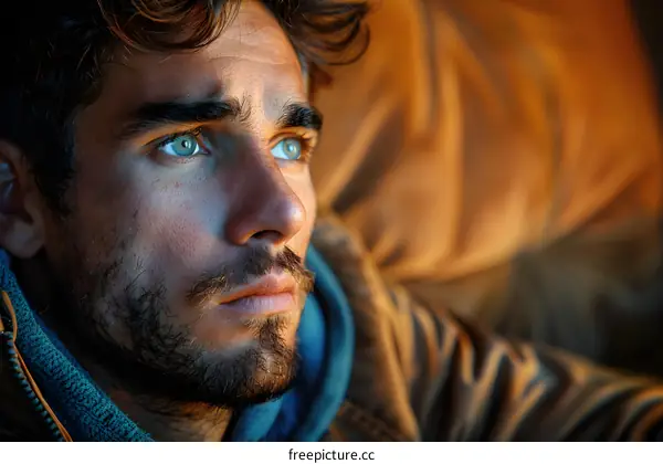 Portrait of a handsome young man with blue eyes and a beard