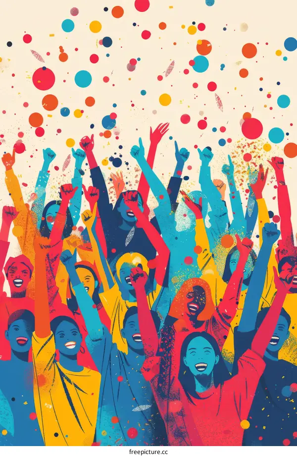 People of various ethnicities celebrating with raised arms