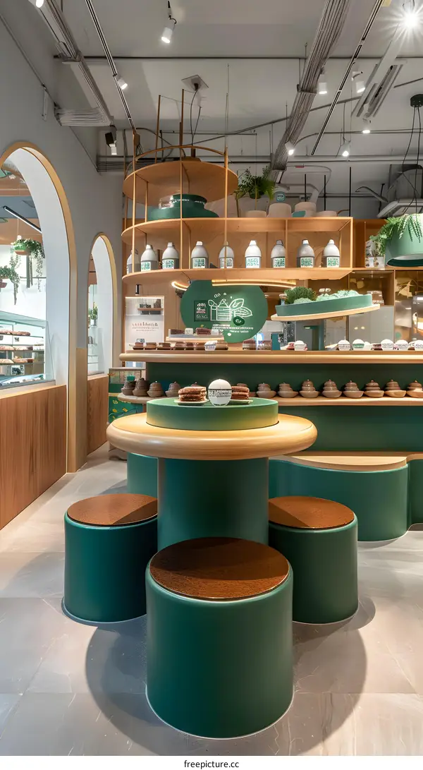 Modern Green and Wood Interior Design of Cafe with Round Table and Stools