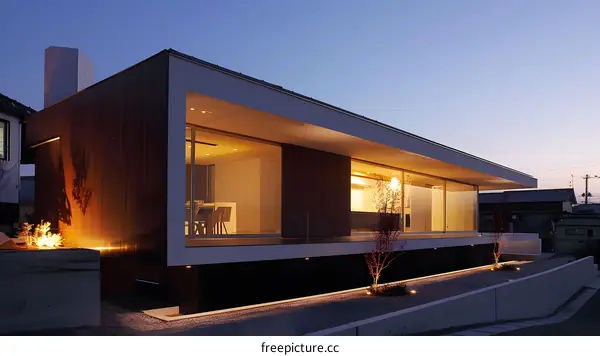 Modern House with Large Windows and Stone Facade at Dusk