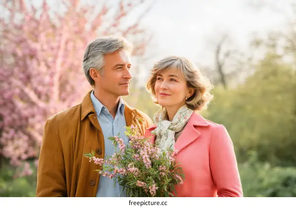 Couple in Springtime Park with Blossoms