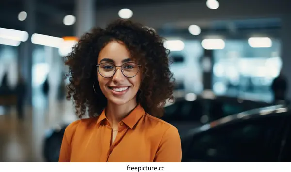 Portrait of a young woman with curly hair smiling in a car dealership