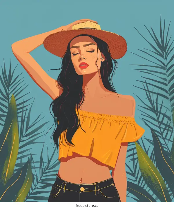 beautiful girl with straw hat and yellow shirt standing in front of palm leaves