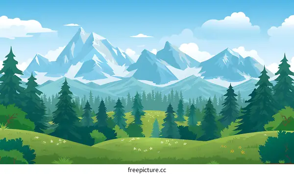 Mountain Landscape Illustration with Green Forest and Blue Sky