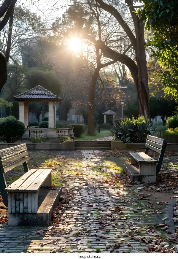 Two benches in a park with a beautiful sun flare