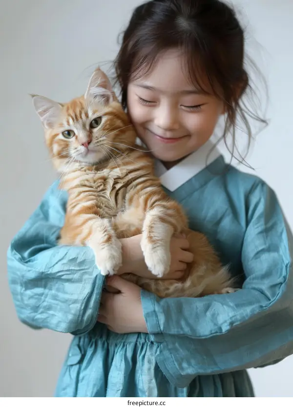 Little Asian girl hugging an orange cat
