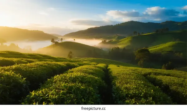 Scenic Green Terraced Tea Plantation with Morning Mist and Hills