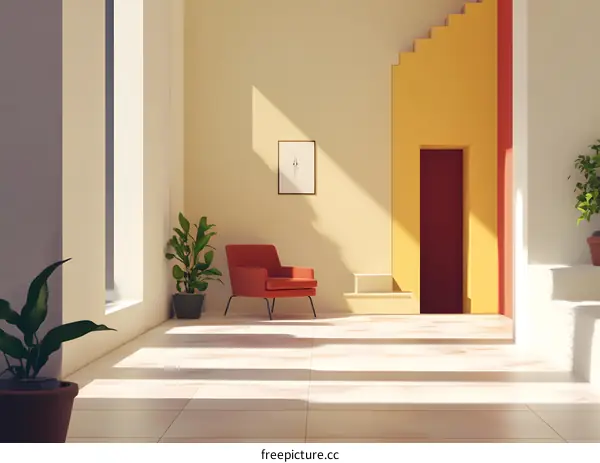 Minimalist Living Room Interior Design with Red Chair and Yellow Wall