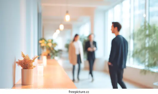 Modern Office Corridor with People in Blurred Background