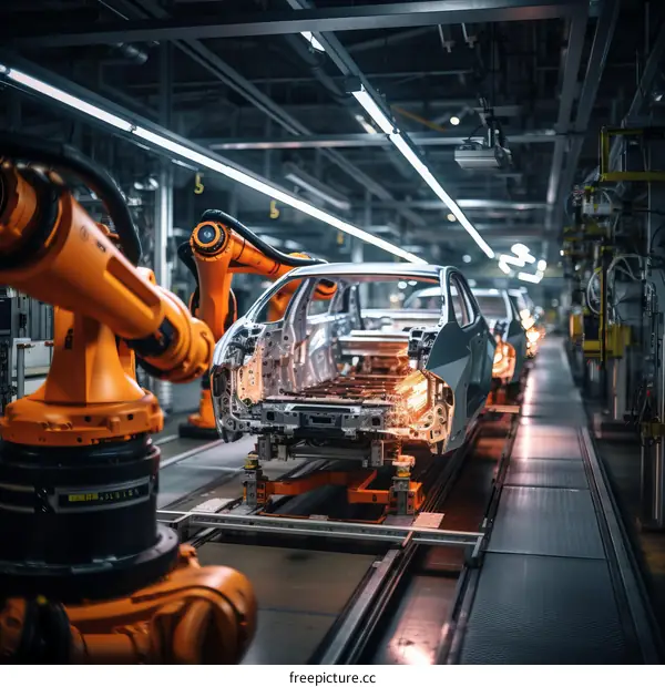 Automotive Robots Welding Car Bodies on a Production Line