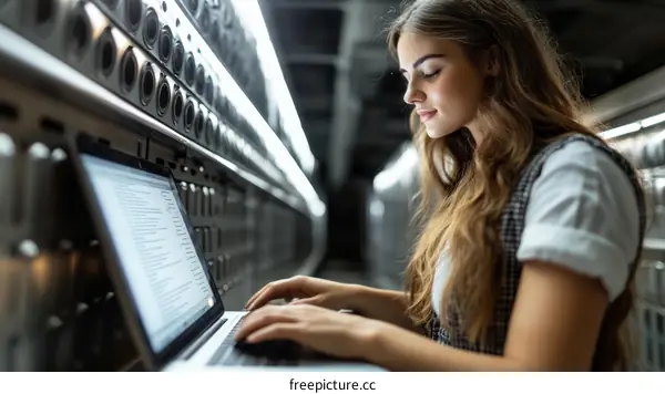 Woman working on a laptop in a server room