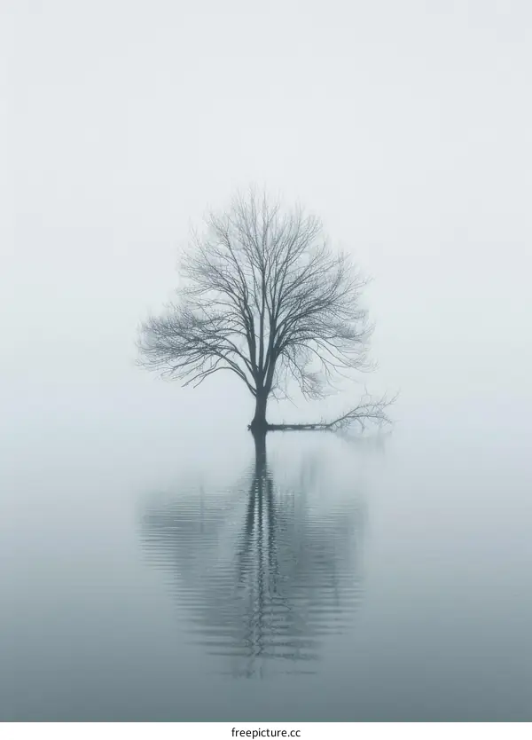 Tree in the middle of the lake with fog