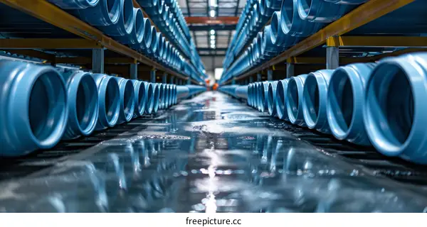 Industrial Warehouse Storage Facility with Blue Plastic Pipes