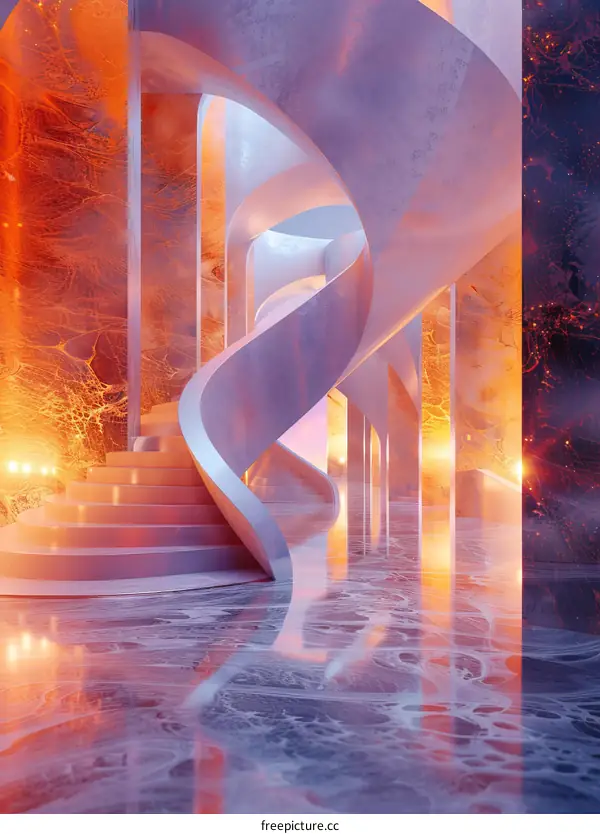 Abstract Architecture with Curved Staircase and a Reflective Floor