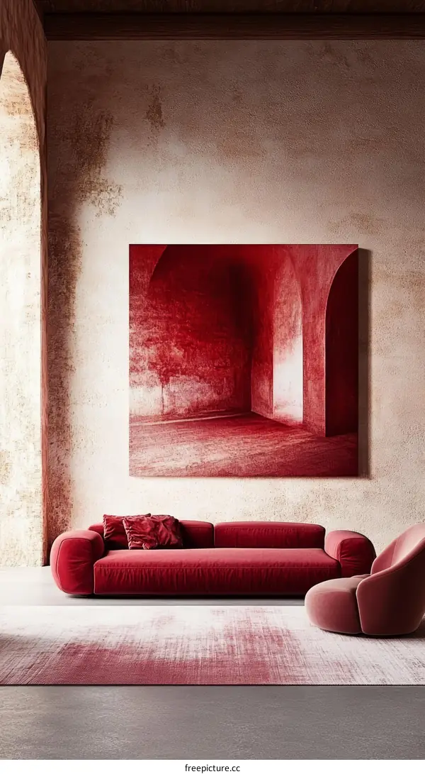 Modern Living Room Interior Design with Deep Red Sofa