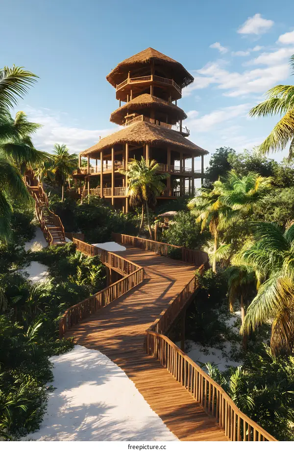 Wooden Tower in Tropical Jungle with Walkway