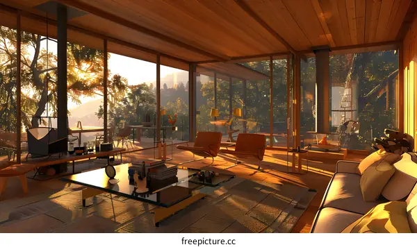 Modern Living Room with Large Windows and Forest View
