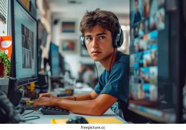 Young male software engineer coding on multiple computer monitors