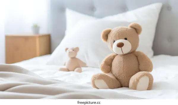A cute teddy bear sitting on a bed with a white blanket