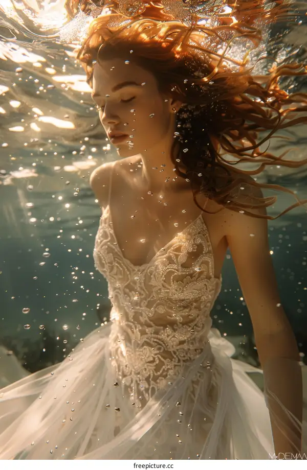 A Woman in a White Dress Underwater with Red Hair Flowing Around Her
