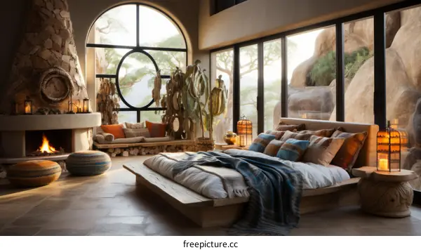 Stunning Desert Bedroom with Fireplace and Panoramic Window