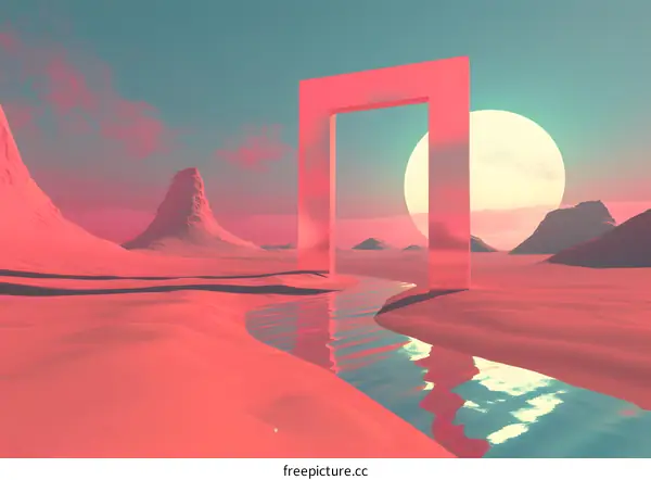 Pink Desert Landscape With  Gate And Water
