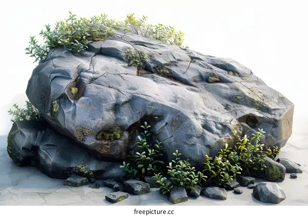 Large Rocky Boulder Covered with Moss and Plants