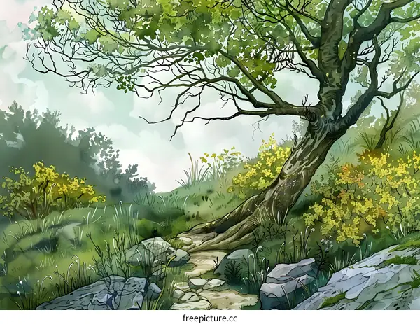 Watercolor Illustration of a Winding Path Through a Lush Forest