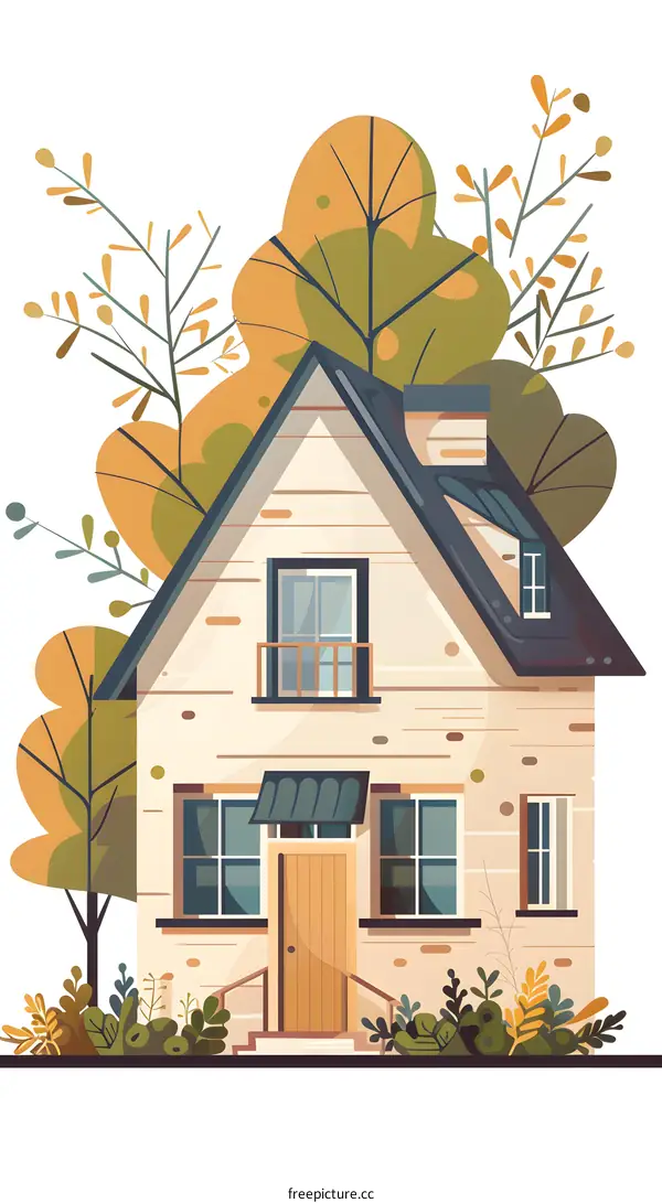 Small Brick House With Green Bushes And Yellow Trees In The Autumn