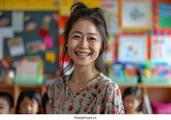 Portrait of a happy Asian female teacher in a classroom