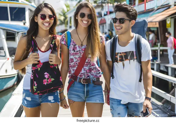 Three Friends Walking on a Wooden Pier with Backpacks