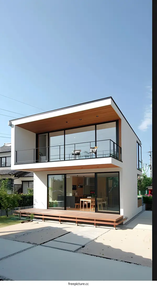 Modern Minimalist Two Story Home with Wooden Deck and Patio