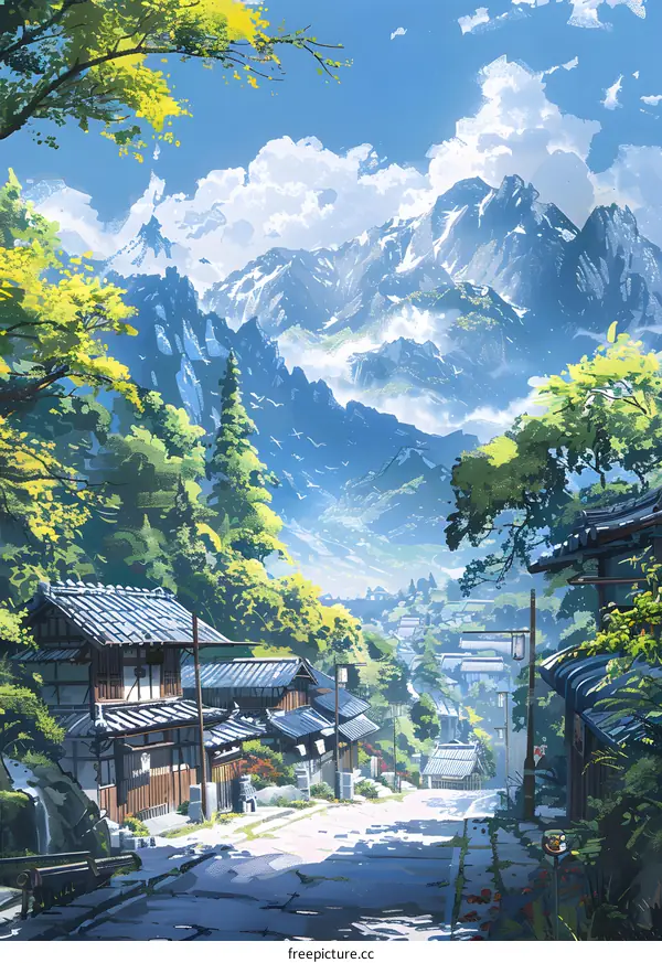 A serene village nestled amidst mountains