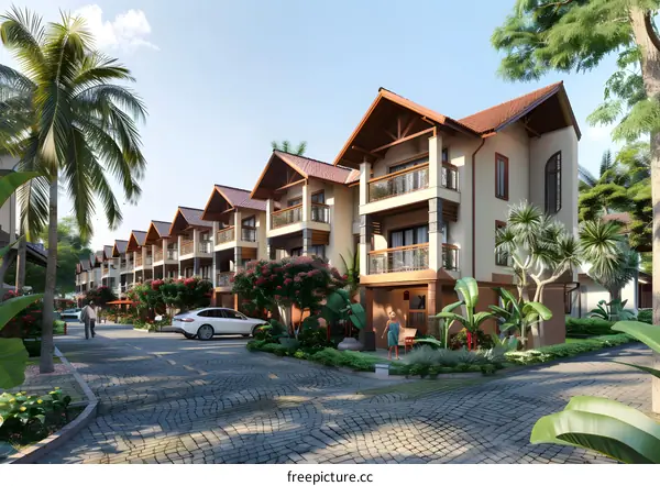 Tropical Modern Architecture Home with  Balcony and Palm Trees