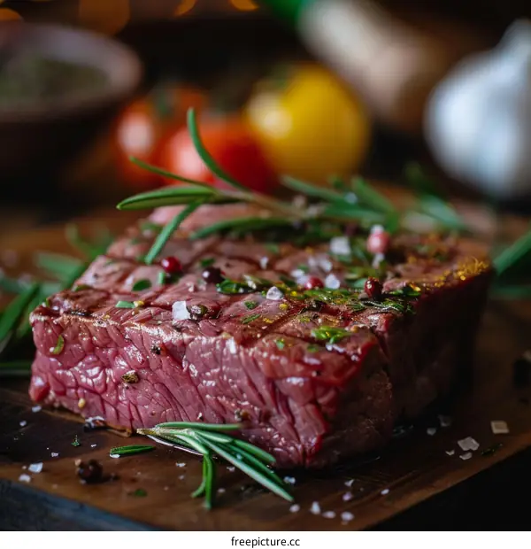 Raw Steak with Rosemary and Spices