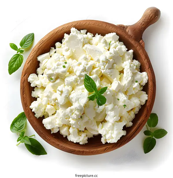 Fresh homemade crumbly cheese in a wooden bowl