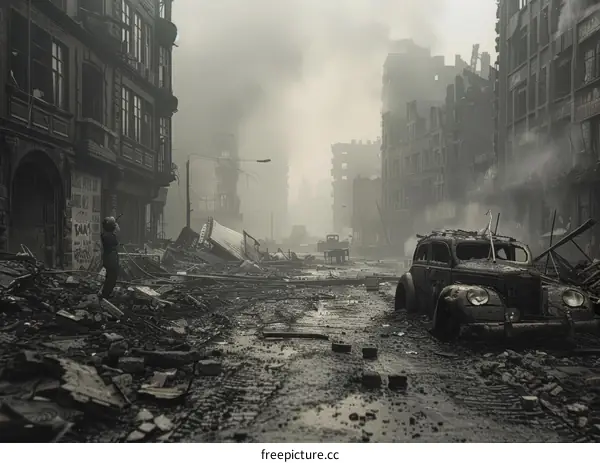 Post-apocalyptic City Street with Ruined Buildings and Deserted Vehicles